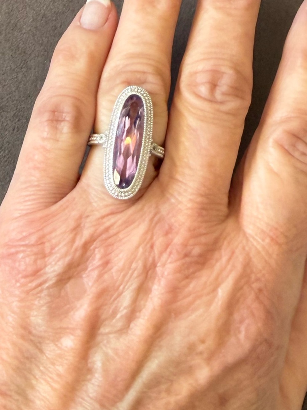 Judith Ripka Sterling Silver Amerhyst and White Topaz Elongated Ring size